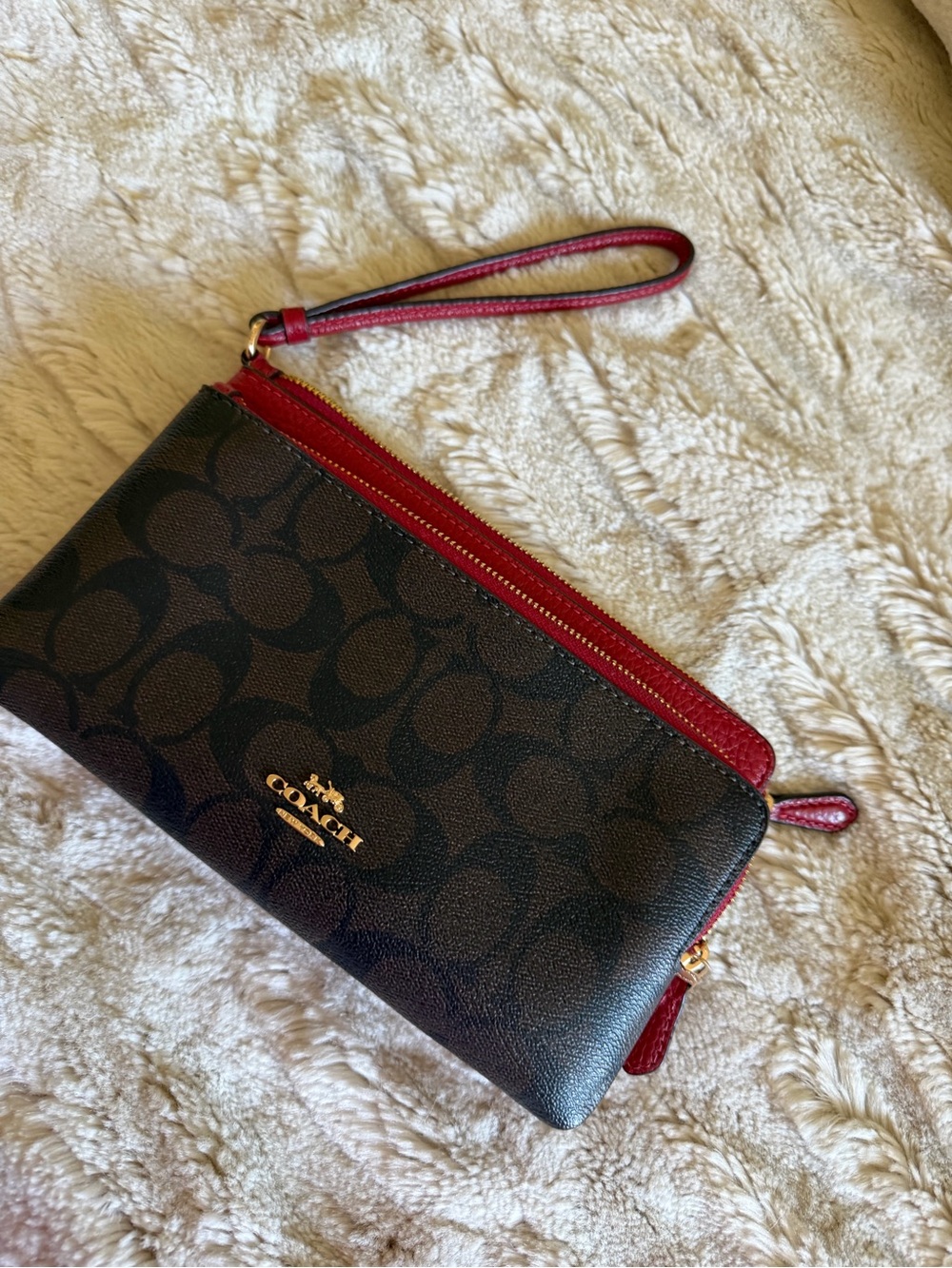 Coach Brown Signature Canvas Wristlet with Red Trim